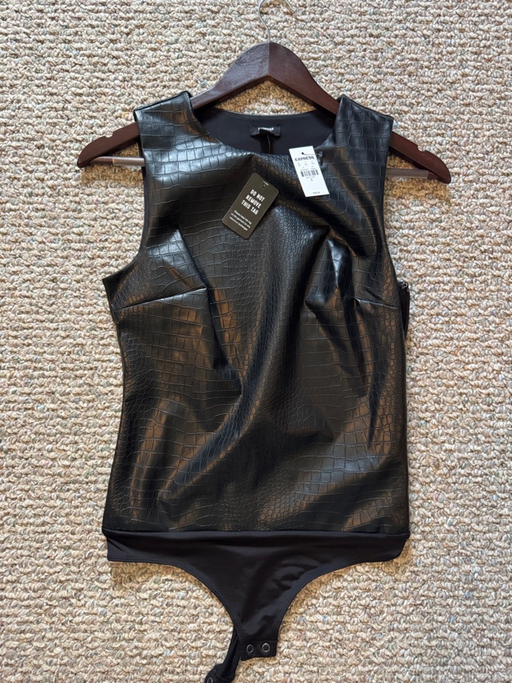 Express Black Faux-Leather Croc-Embossed One-Piece body suit
